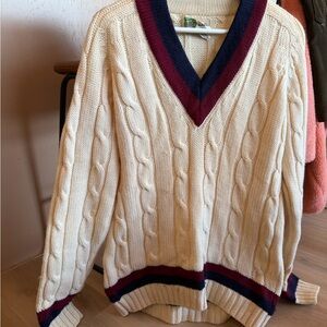 Vintage 1970s US Davis V-Neck Cable Knit Sweater - Cream and Burgundy 100% wool